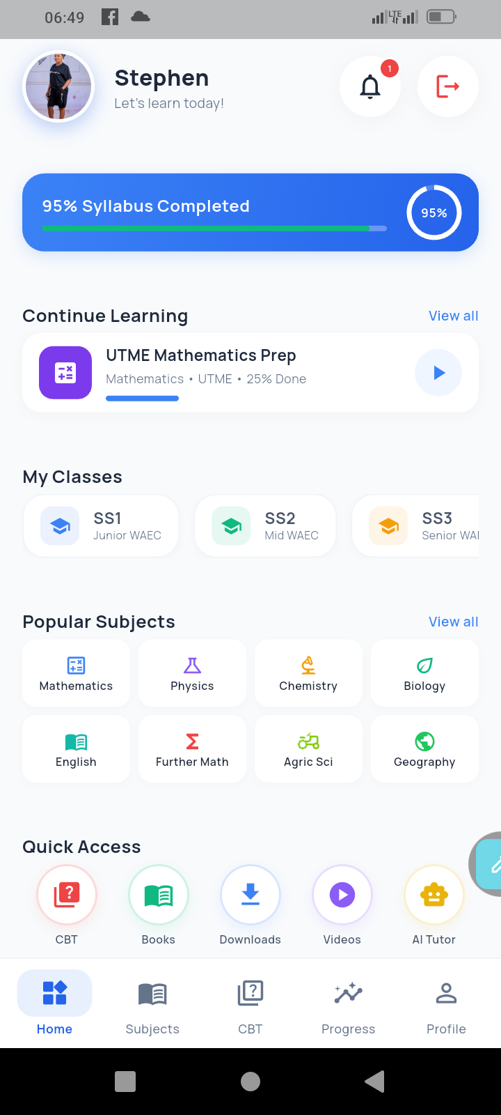 Smart Brain student dashboard showing syllabus progress, classes, subjects, and quick access tools